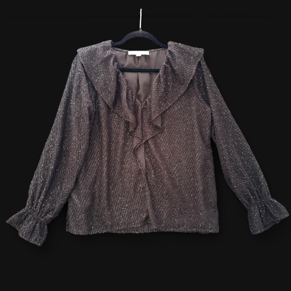 LOFT Black Metallic Textured Ruffle Blouse Size Small Long Sleeve Party Holiday